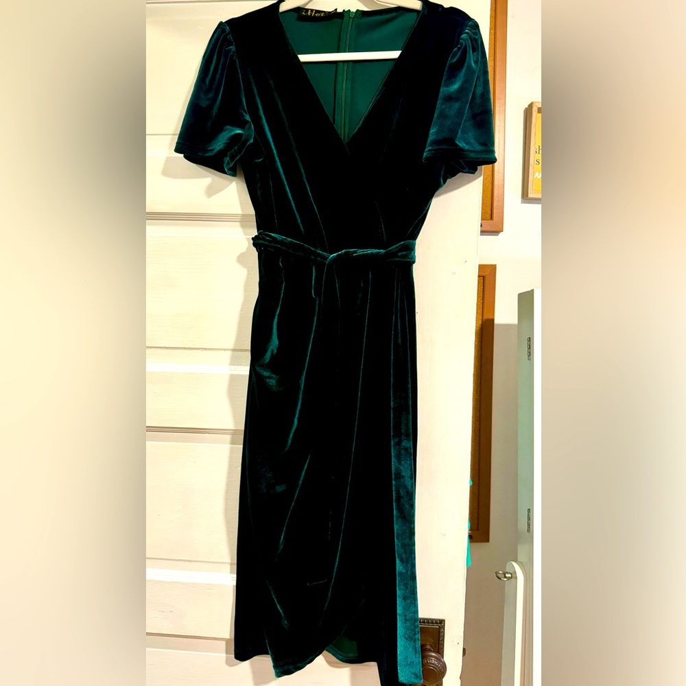 Velour deep green faux wrap cocktail dress